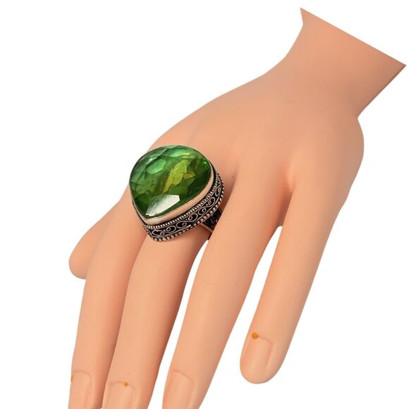 925 Sterling Silver Green Crystal Large Statement Ring Sz 8.5 Turkish Ethnic - Picture 8 of 16